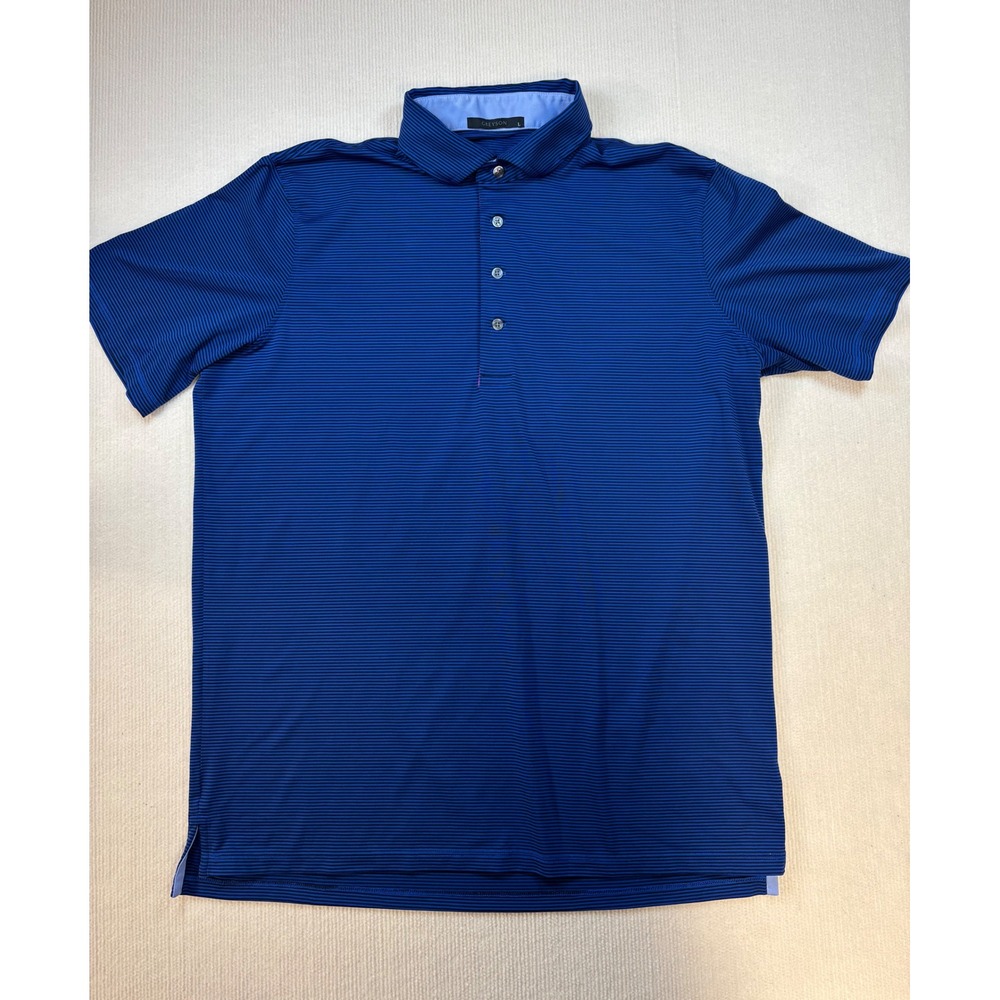 Greyson Mens L Blue Black Micro Stripe Performance Golf Polo Shirt Wolf Logo